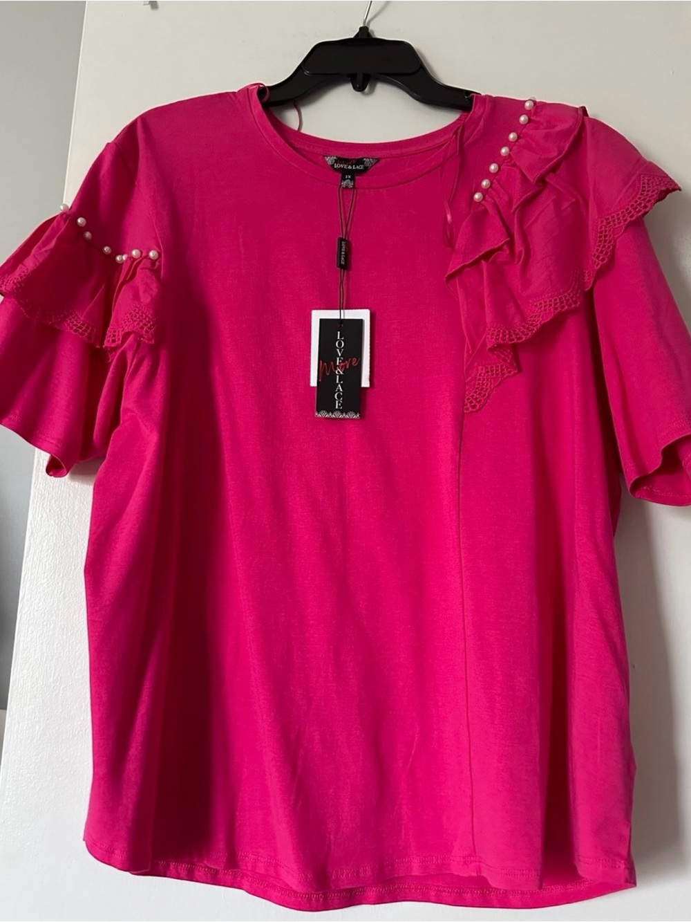 Women's Hot Pink Ruffle Pearl-Accent Top